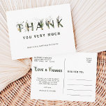 Postal Carta de follaje tropical Gracias<br><div class="desc">Este boda le agradece muchísimas postales con letras de follaje tropical color agua verde con falsos acentos de hojas de oro. Perfecto para bodas,  cumpleaños,  graduaciones y otros eventos. >>> Vea toda la colección >> https://www.zazzle.com/collections/tropical_foliage_green_collection-119021829937676776</div>