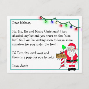 Postal Carta de Papá Noel para niños + página para colore