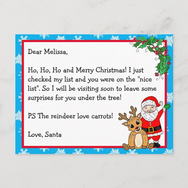 Postal Carta de Santa, Nice List, para niños (Anverso)
