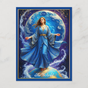 Postal Carta de Tarot, el Mundo, en Azul Profundo