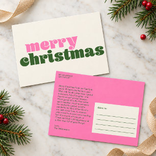 Postal Carta familiar de Navidad rosa verde retro