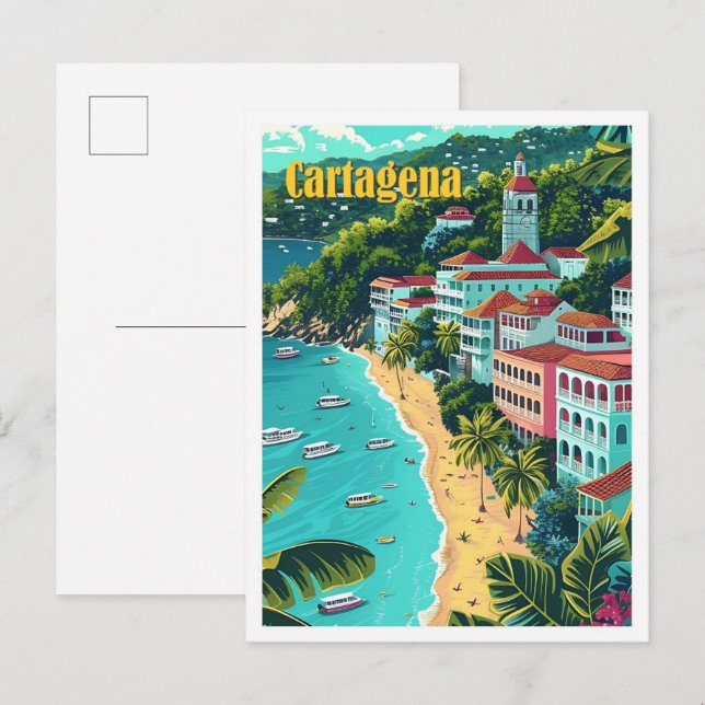 Postal Cartagena Colombia Ilustracion de Viajes de Arte V (Anverso / Reverso)
