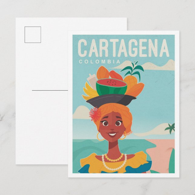 Postal Cartagena Colombia Ilustracion de Viajes Vintage (Anverso / Reverso)