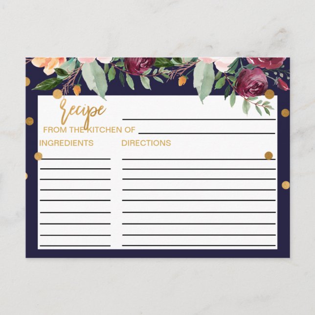 Postal Cartas de recetas de ducha de novia florales de ot (Anverso)
