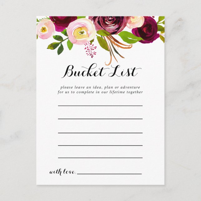 Postal Cartas rusas de Rubor Burgundy Floral Bucket List (Anverso)