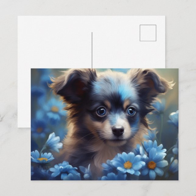 Postal Carte Postale Chien Fleur Bleu (Anverso / Reverso)