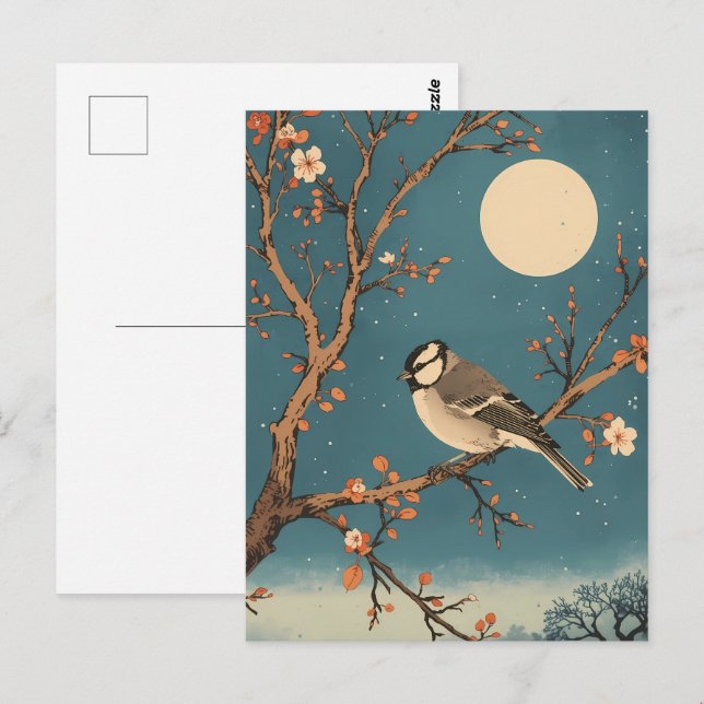 Postal Carte Postale Moonlit Bird on Blossom Branch (Anverso / Reverso)