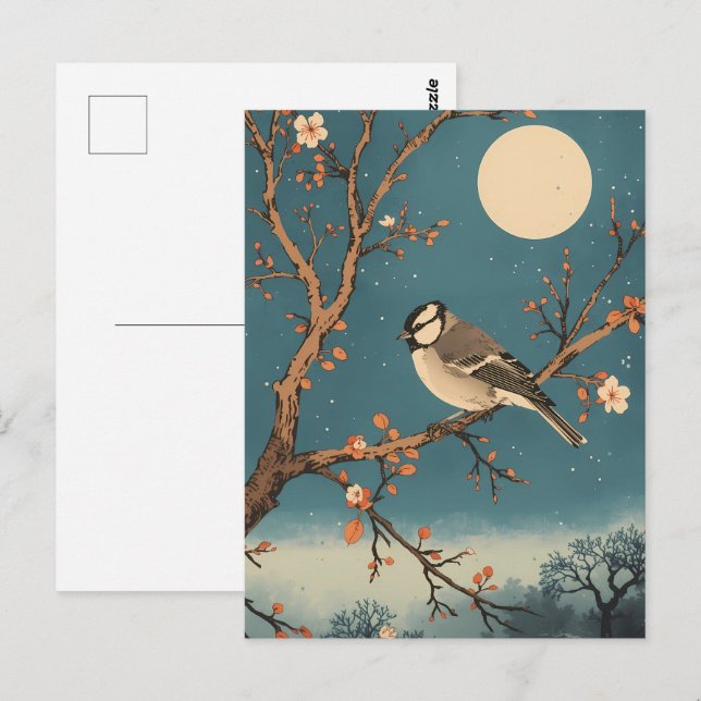 Postal Carte Postale Moonlit Bird on Blossom Branch (Anverso / Reverso)