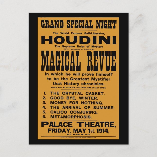 Postal Cartel amarillo restaurado de Harry Houdini de 191 (Anverso)