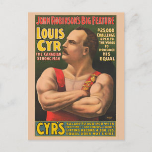Postal Cartel de circo que muestra a Louis Cyr con los br