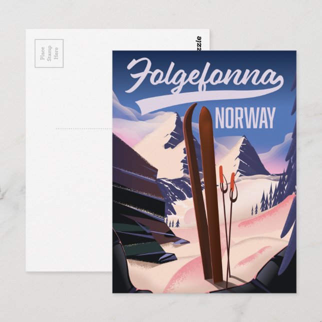 Postal Cartel de esquí de Folgefonna Noruega. (Anverso / Reverso)