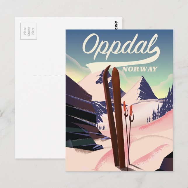 Postal Cartel de esquí de Oppdal Noruega. (Anverso / Reverso)