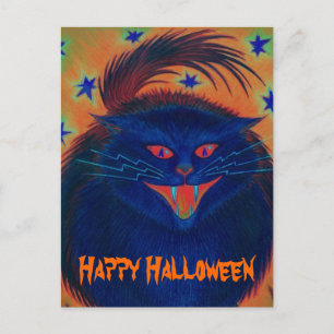 Postal Cartel de "Feliz Halloween" azul de un gato asusta