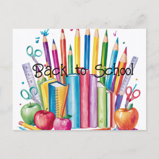 Postal Cartel de regreso colorido a los suministros escol