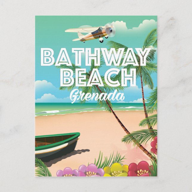 Postal Cartel de viaje a la playa Bathway de Granada (Anverso)