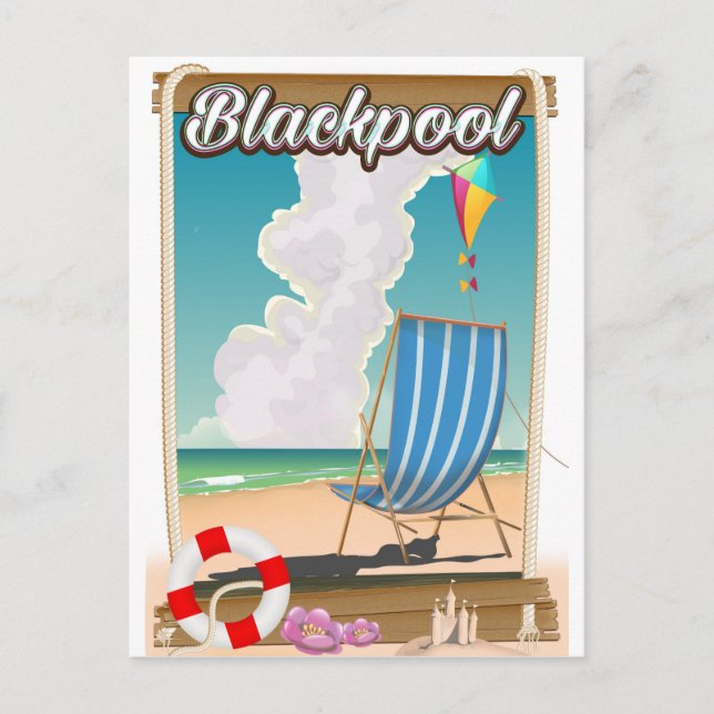 Postal cartel de viaje a la playa de Blackpool junto al m (Anverso)