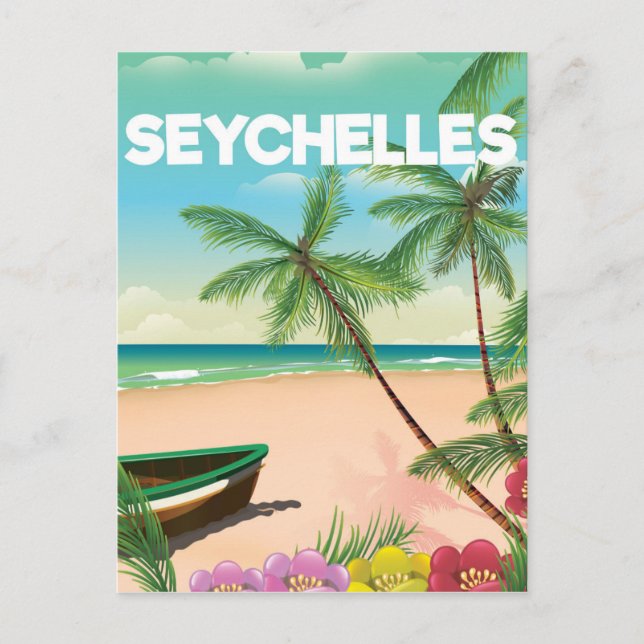 Postal cartel de viaje a la playa de Seychelles (Anverso)