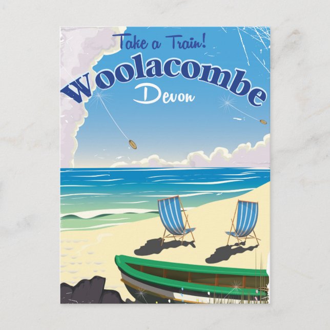 Postal Cartel de viaje a la playa de Woolacombe Devon (Anverso)