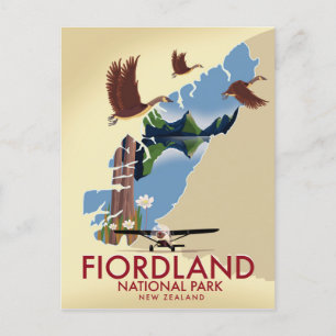 Postal Cartel de viaje al Parque Nacional Fiordland Nueva