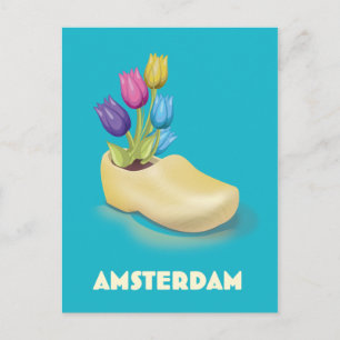 Postal Cartel de viaje de Amsterdam Zuecos y Tulipanes.