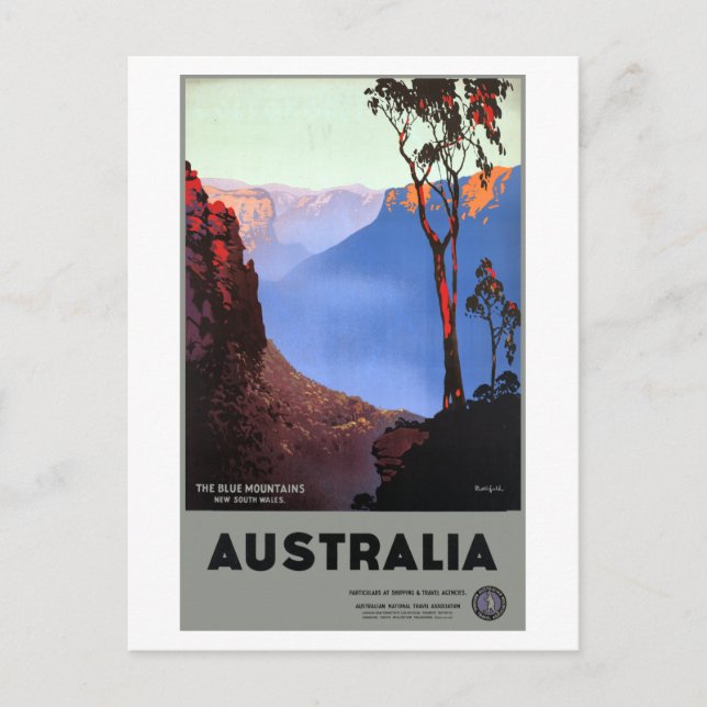 Postal Cartel de viaje de Australia sobre las montañas az (Anverso)