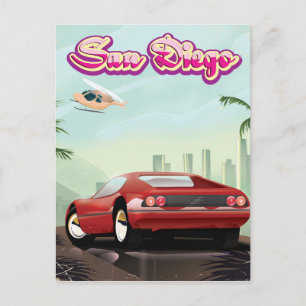 Postal cartel de viaje de coche deportivo rojo de San Die