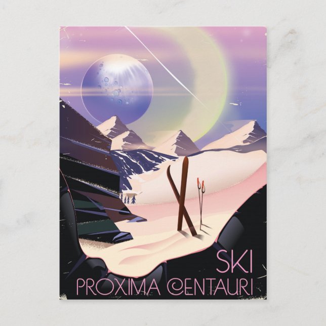 Postal cartel de viaje de esquí a Próxima Centauri (Anverso)