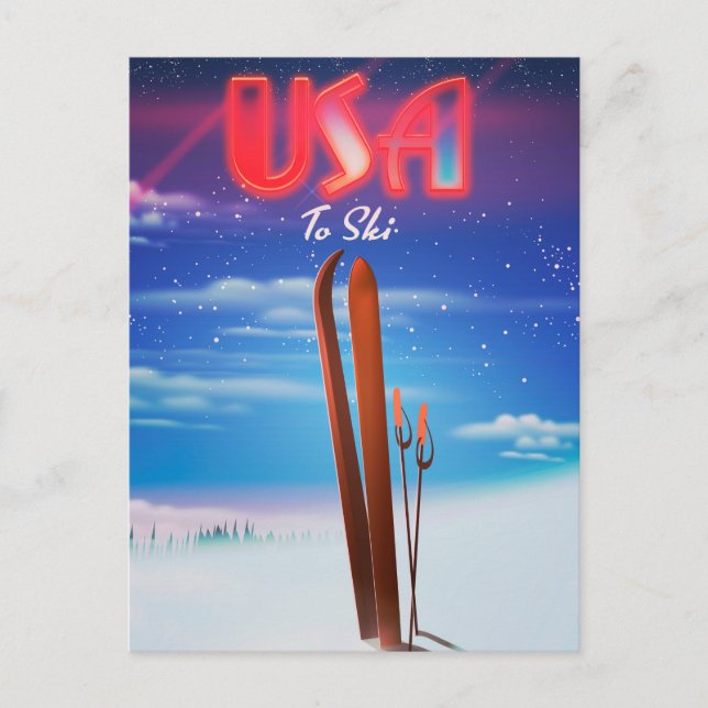 Postal cartel de viaje de esquí de EE. UU. (Anverso)