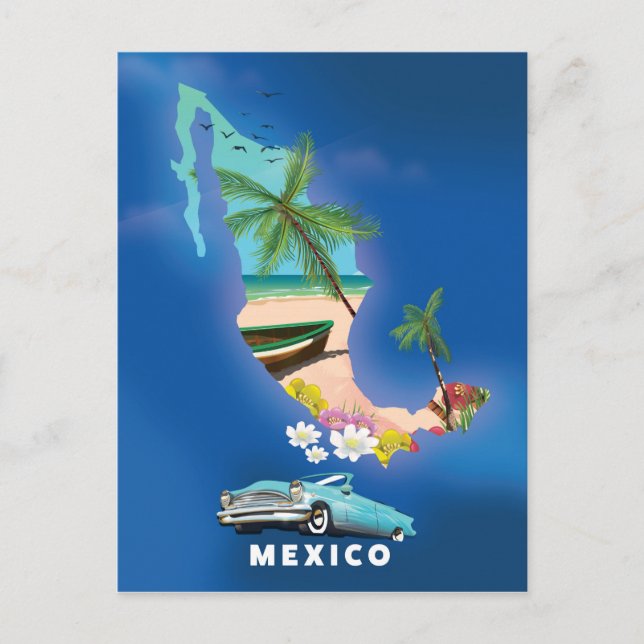 Postal Cartel de viaje de ilustración del mapa de México. (Anverso)