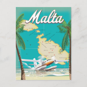 Postal Cartel de viaje de la playa y mapa de Malta