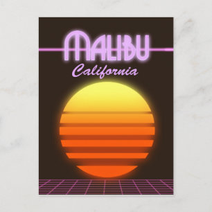 Postal Cartel de viaje de la puesta de sol de Malibú Cali