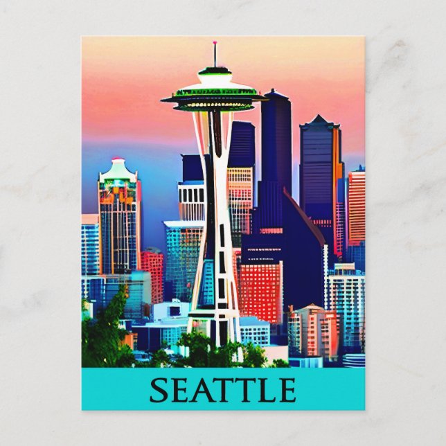 Postal Cartel de viaje de Seattle bajo un cielo al amanec (Anverso)