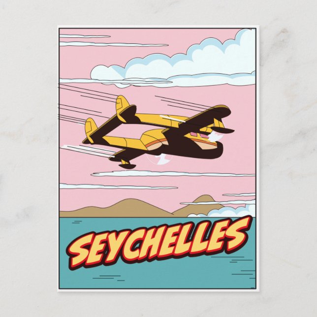 Postal Cartel de viaje de Seychelles de dibujos animados. (Anverso)
