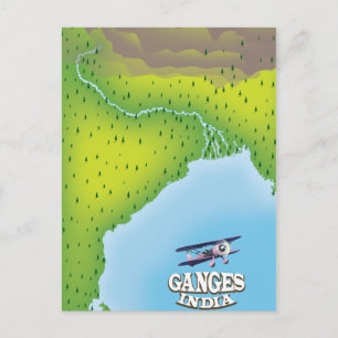 Postal Cartel de viaje del mapa de la India del Ganges