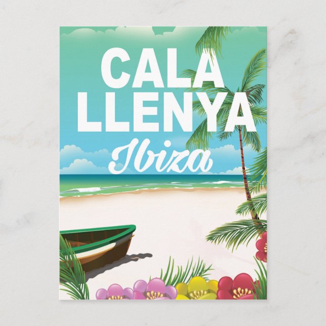 Postal cartel de viaje en la playa de cala llenya ibiza (Anverso)