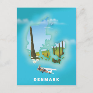 Postal Cartel de viaje ilustrado del mapa de Dinamarca.