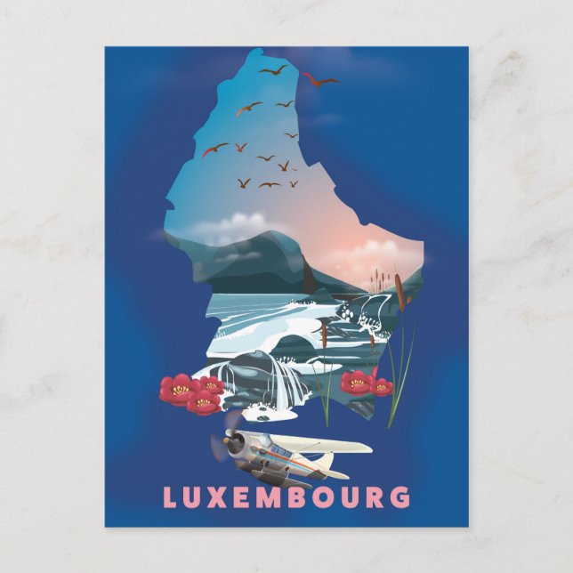 Postal Cartel de viaje ilustrado del mapa de Luxemburgo. (Anverso)