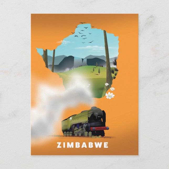 Postal Cartel de viaje ilustrado del mapa de Zimbabue (Anverso)
