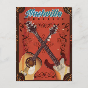 Postal Cartel de viaje vintage de guitarra de Nashville, 