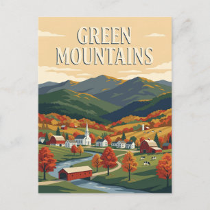 Postal Cartel Retro Vintage Montañas Verdes Vermont Otoño