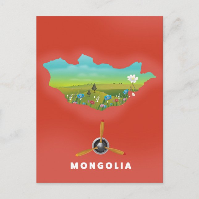 Postal Cartel turístico de mapa ilustrado de Mongolia. (Anverso)