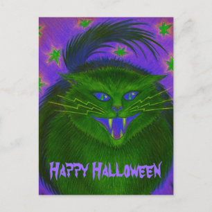 Postal Cartel verde del gato asustado 'Feliz Halloween'