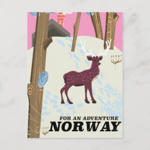 Postal Cartel vintage de viaje a Noruega con ciervo