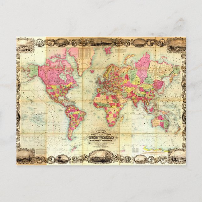 Postal Cartografía de época del Mapa del Mundo Antiguo (Anverso)
