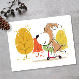 Postal Cartoon Cute Funny Dog Puppy Kick Scooter
