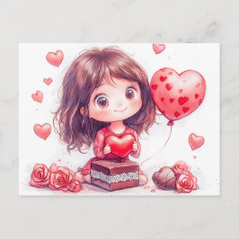 Postal Cartoon Girl Surrounded by Roses Romantic Valentin