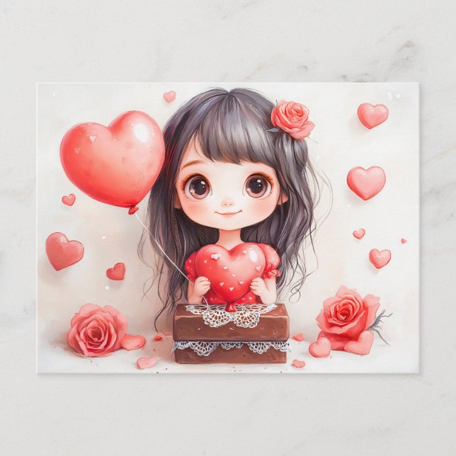 Postal Cartoon Girl with Roses and Hearts Sweet Valentine (Anverso)
