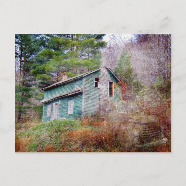 Postal Casa abandonada y camionetas de arte digital (Anverso)