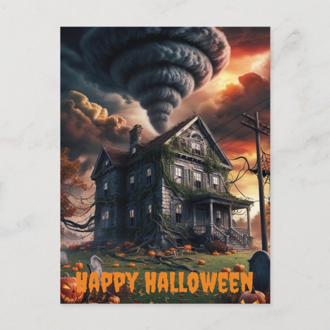 Postal casa antigua con temática de tornado en halloween (Anverso)