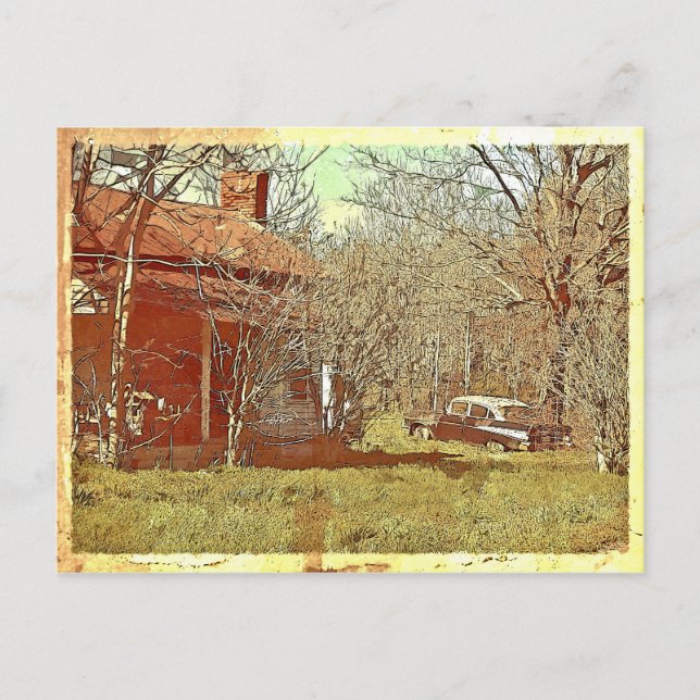 Postal Casa antigua y auto (Anverso)